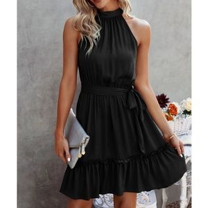 Black Halter Top Mini Dress Tie Belted Ruffle Hem Sleeveless